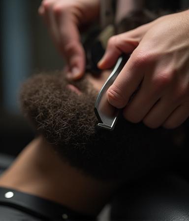 Dettaglio cura della barba con panno caldo